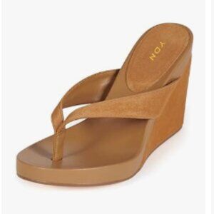 YDN Sandy Brown Wedge Heel Flip Flops Sandals Open Toe High Heels Slip On Shoes
